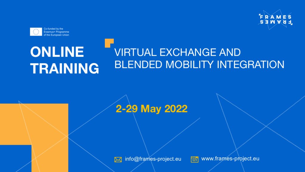 Registration is now open for our online collaborative training on “Virtual Exchange and blended mobility integration”

🗓️ May 2-29 (4 weeks, 4 hours per week)

Spaces are limited! Info and registration here➡️
frames-project.eu/outputs/online…
#Training #virtualexchange