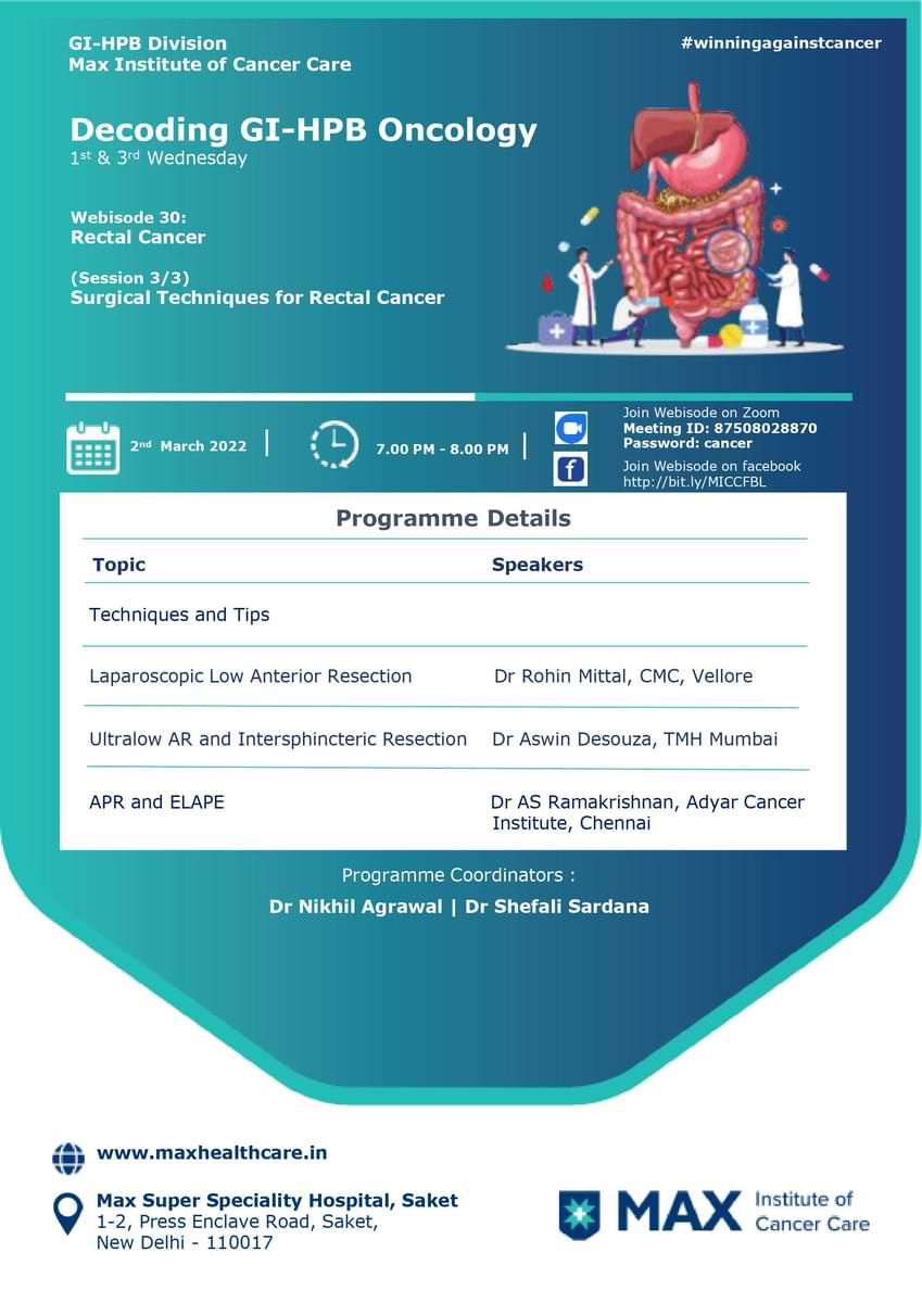 Dr. Nikhil Agrawal (@drnkhl) on Twitter photo Webisode # 30 | Decoding GI-HPB Oncology
02 Mar 2022, Wed, 7 PM
Surgical techniques for rectal cancer
gioncology.in
<a href="/MaxHealthcare/">Max Healthcare</a> <a href="/MaxInstCancCare/">Max Institute of Cancer Care</a> <a href="/TataMemorial/">Tata Memorial Hospital</a> <a href="/manishdoc2000/">Manish Jain</a> <a href="/asitaroraSURG/">Asit Arora</a> <a href="/YOURONCOLOGIST/">SANDEEP BATRA</a> <a href="/drshefalisarda1/">Dr. Shefali Sardana</a> <a href="/bhuvanchugh/">Bhuvan Chugh</a> <a href="/rohinmittal/">Rohin Mittal</a> <a href="/harit_oncochat/">Harit Chaturvedi</a> Webisode # 30 | Decoding GI-HPB Oncology
02 Mar 2022, Wed, 7 PM
Surgical techniques for rectal cancer
gioncology.in
<a href="/MaxHealthcare/">Max Healthcare</a> <a href="/MaxInstCancCare/">Max Institute of Cancer Care</a> <a href="/TataMemorial/">Tata Memorial Hospital</a> <a href="/manishdoc2000/">Manish Jain</a> <a href="/asitaroraSURG/">Asit Arora</a> <a href="/YOURONCOLOGIST/">SANDEEP BATRA</a> <a href="/drshefalisarda1/">Dr. Shefali Sardana</a> <a href="/bhuvanchugh/">Bhuvan Chugh</a> <a href="/rohinmittal/">Rohin Mittal</a> <a href="/harit_oncochat/">Harit Chaturvedi</a>