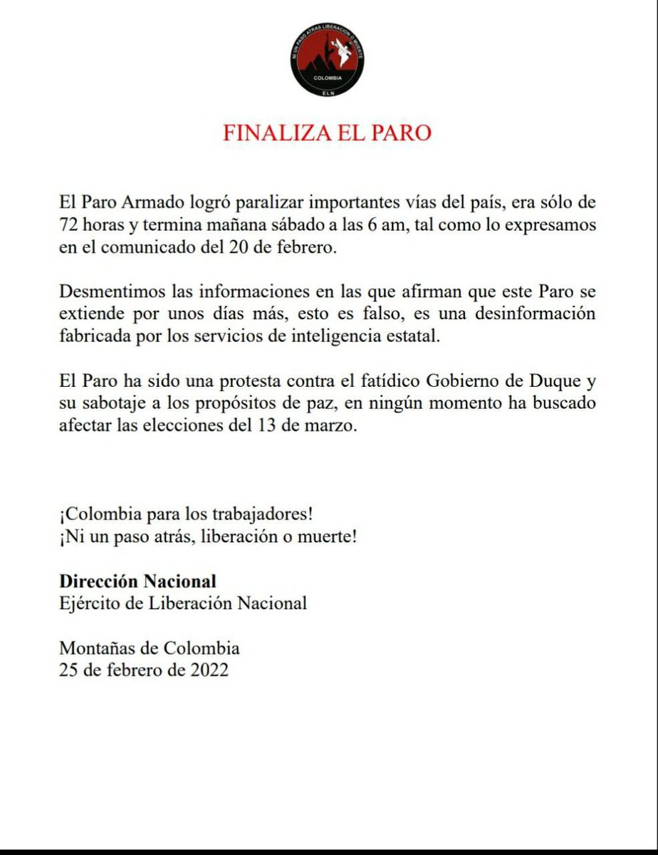 El paro ha si do una protesta contra fatídico gobierno Duque y su sabotaje a los propósito de paz.#ColombiaInsurrecta