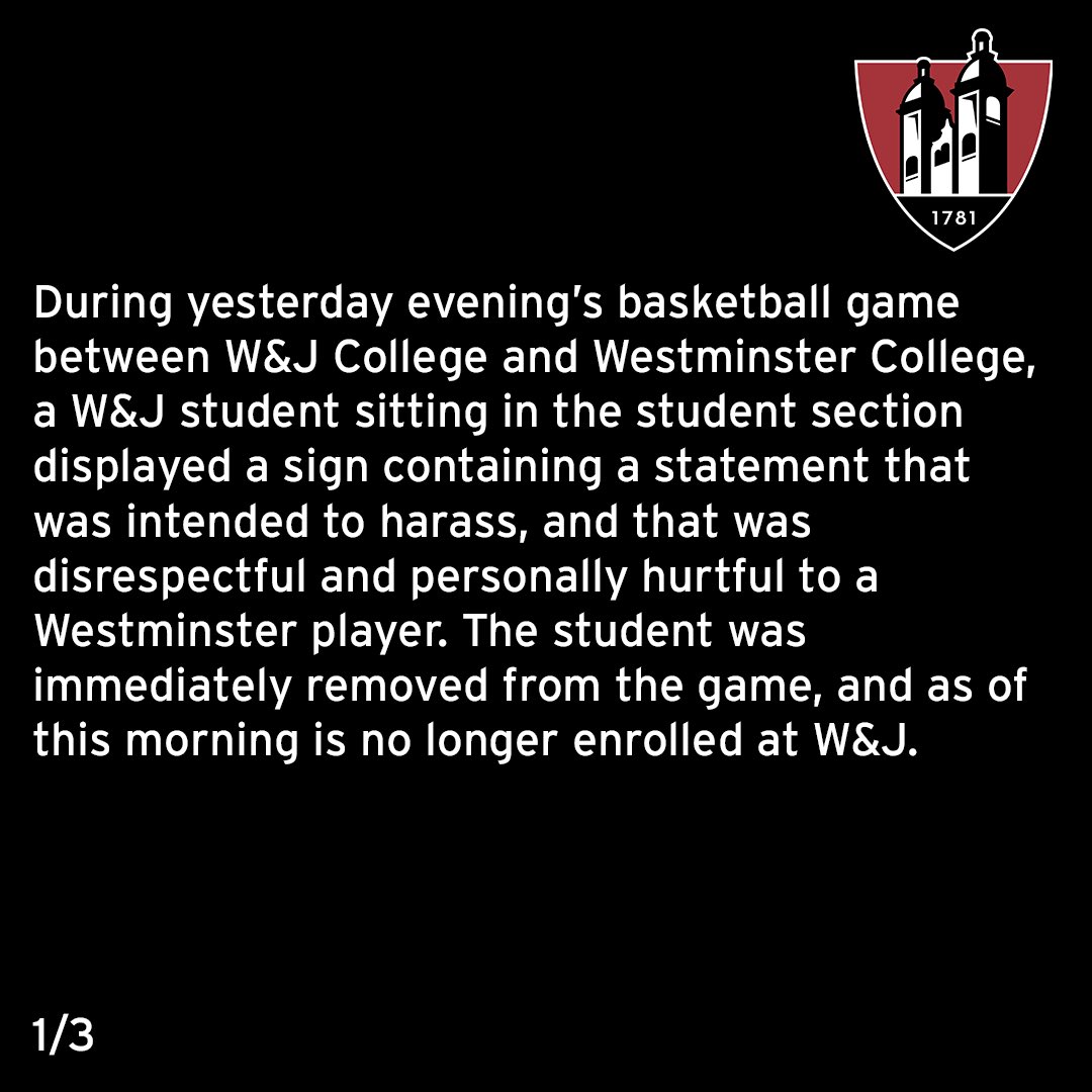 wjathletics's tweet photo. W&amp;J has released the following statement regarding the incident at the Feb. 26 W&amp;J/Westminster women’s basketball game. https://t.co/4wvmBMYTCR