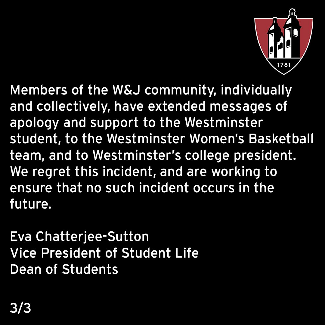 wjathletics's tweet photo. W&amp;J has released the following statement regarding the incident at the Feb. 26 W&amp;J/Westminster women’s basketball game. https://t.co/4wvmBMYTCR