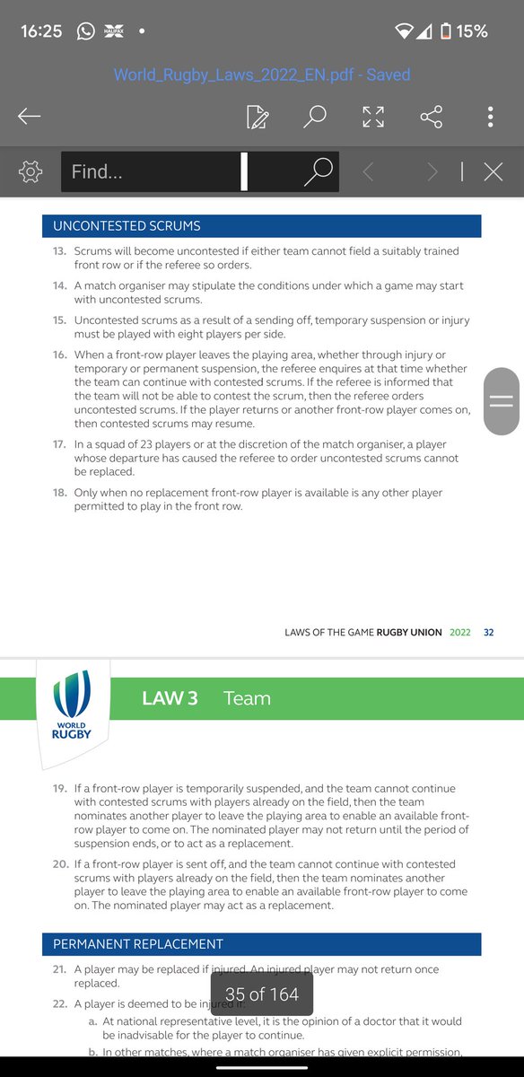 Co_Fe2's tweet photo. @DonJohn26024501 @LifeBookish @BBCSport This is the whole uncontested scrums section. Nothing about sending players off for causing uncontested scrums. 

The only thing that makes sense is maybe rule 3.14, essentially because the match organiser says so, but even that rule sounds like it's from the start of the game https://t.co/lW126sqi5t