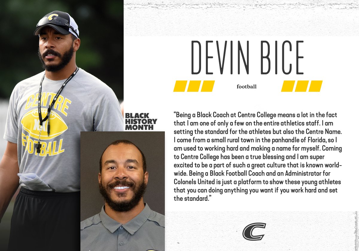 <a href="/ColonelsUnited/">Centre College Colonels United</a> <a href="/CentreMensLax/">Centre Mens Lacrosse</a> <a href="/CentreFootball/">Centre College Football</a> <a href="/CentreWSoccer/">Centre Women's Soccer</a> <a href="/NCAADIII/">NCAA Division III</a> <a href="/CentreSwimDive/">Centre Swim and Dive</a> <a href="/CentreSoccer/">CentreCollegeSoccer</a> <a href="/CentreC/">Centre College</a> "What does it mean to be a Black Coach at Centre?"

From <a href="/CentreFootball/">Centre College Football</a> assistant coach Devin Bice. #BlackHistoryMonth #GoldRush