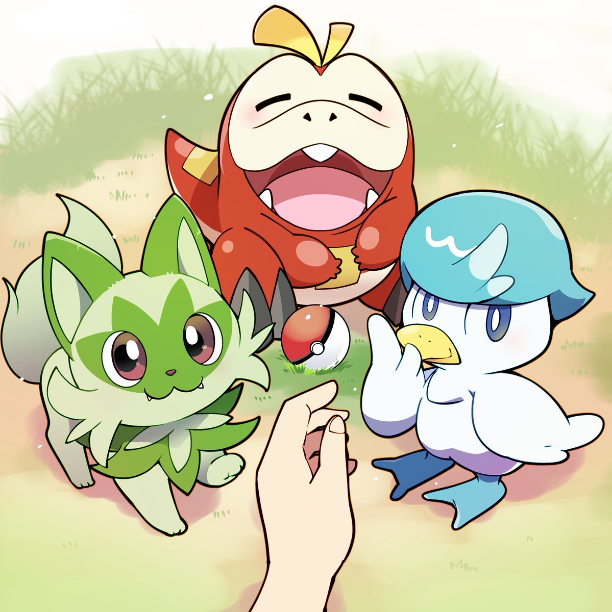 pokemon (creature) fangs poke ball white pupils bright pupils starter pokemon trio grass  illustration images