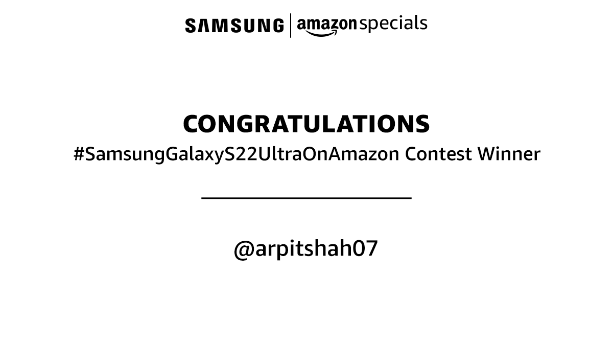 amazonIN's tweet photo. Congratulations to @arpitshah07 on winning the #SamsungGalaxyS22UltraOnAmazon contest.
Kindly DM us with your details to claim the prize. https://t.co/X2v9p5k042