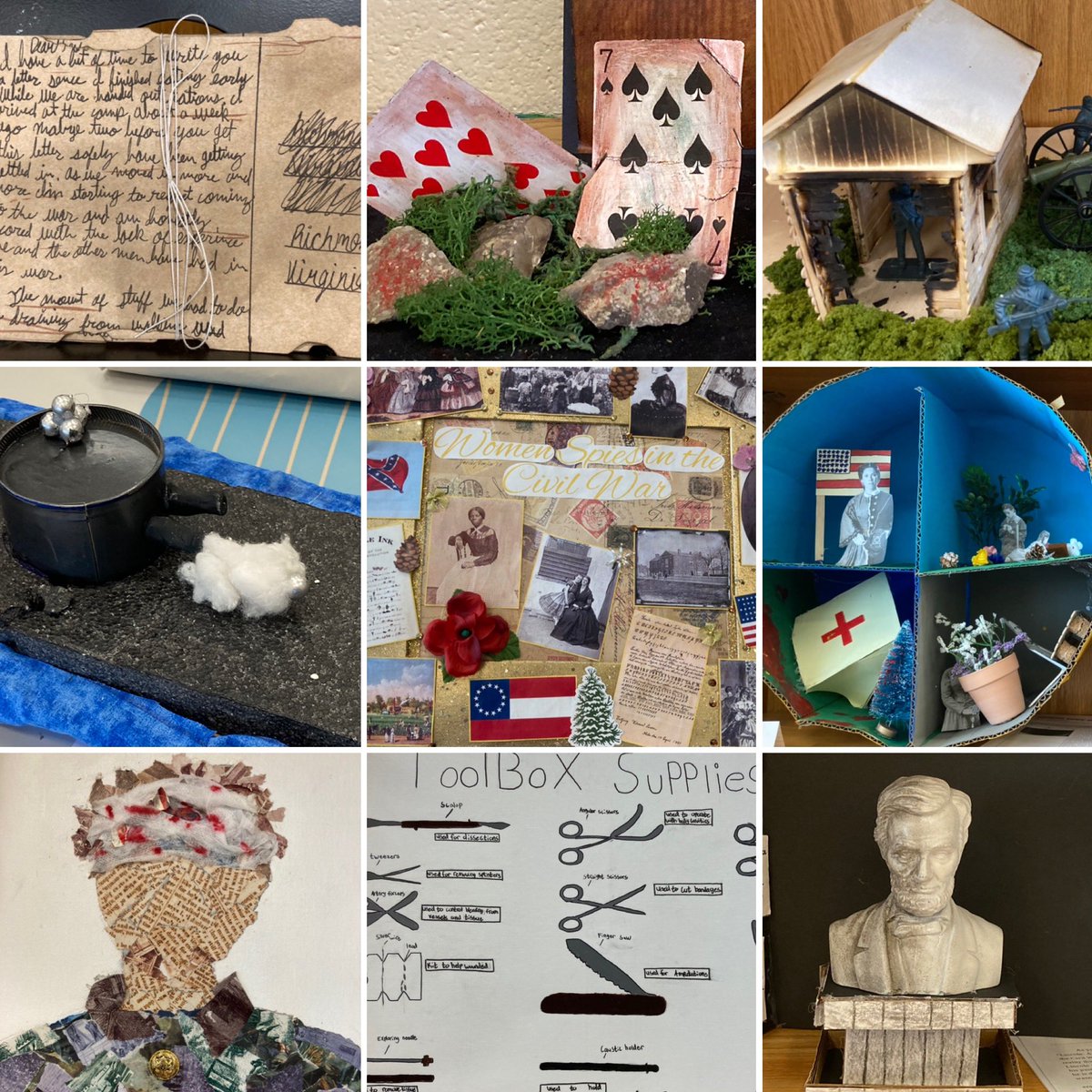 Blown away by our #CivilWar #studentexhibits this year. They are on display in the @PleasantRidgeMS Library all next week! #AmericanHistory #education #1800s #handsonlearning