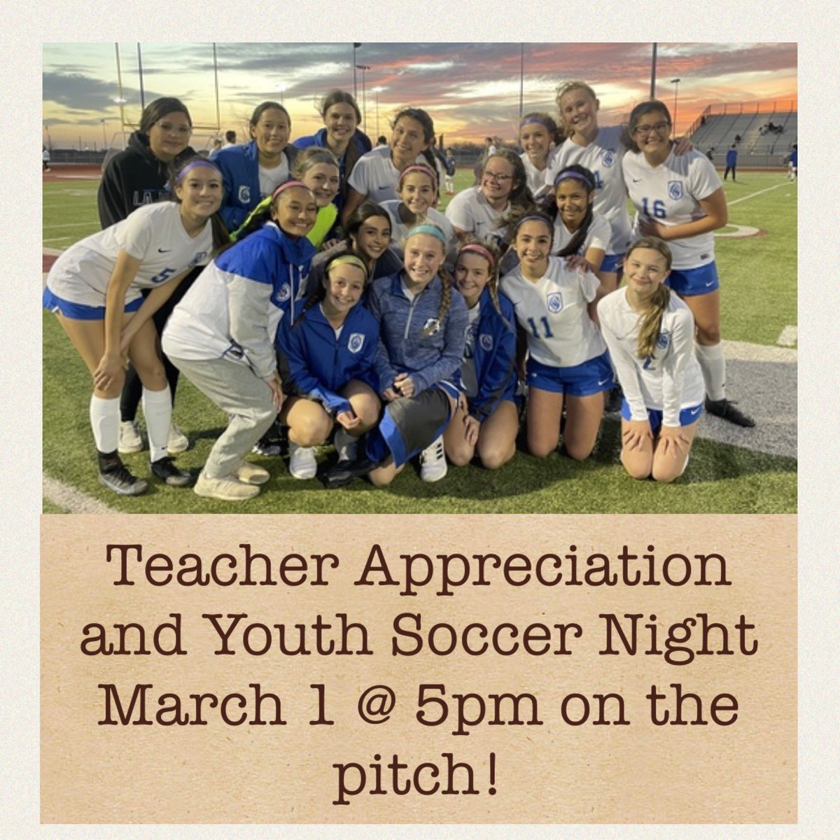 CoachBrownLV's tweet photo. Come on out! Youth Soccer players in their CYO/WSCO/Club jersey will get free admission and get to come on the pitch for some fun during halftime! 💙🐻⚽️ #futurebear @high_vernia @LaVerniaISD @supt_lvisd @Coach_Molder https://t.co/BuIL9fICeJ
