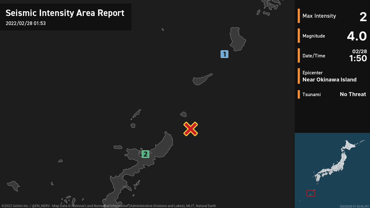 Earthquake Detailed Report – 2/28
At around 1:50am, an earthquake with a magnitude of 4.0 occurred near Okinawa Island at a depth of 50km. The maximum intensity was 2. There is no threat of a tsunami. #earthquake https://t.co/vE7vVYY8Cs