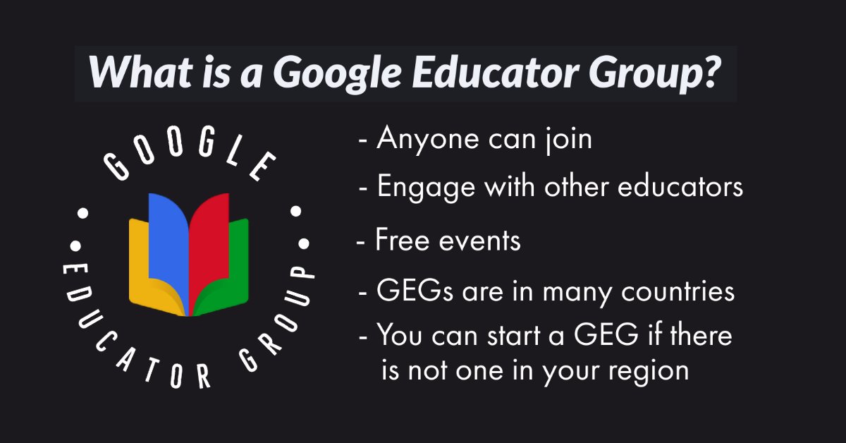 Tag someone who should join a local GEG. Find one near you googleeducator.group/home @ourtechcoach @The_Tech_Lady @TechyLeaderEDU @jdtechtalks @profpizzulli @giulianocoan @robertavaquino @TechWithBecky @queirozanalaura @WileyBrazier @BallewEdTech @mrsgeekchic