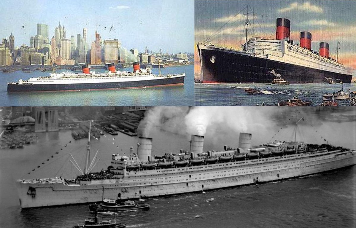 RMS Queen Mary began life in Southampton, UK, in 1936 as a luxury trans-Atlantic cruise ship. In 1939 she was painted grey and stripped of her amenities serving as a troop transport ship during World War II. Today, she is a hotel, docked in Long Beach, California, USA.
