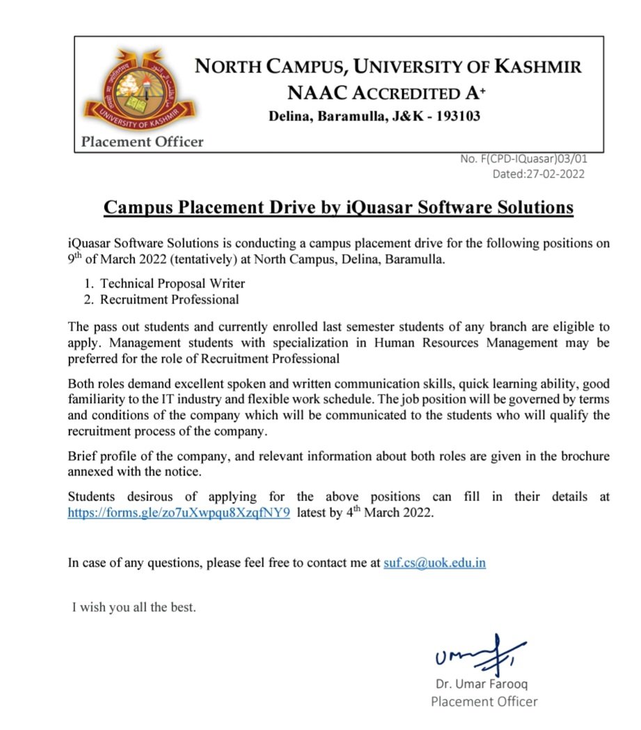 ncUok's tweet photo. Campus placement drive by iQuasar Software Solutions

Pdf file on below link:
https://t.co/CR9rBHhN9P

Contact Placement officer Dr. Umar Farooq @suf_cs for more details. https://t.co/ymJgtYMWAz