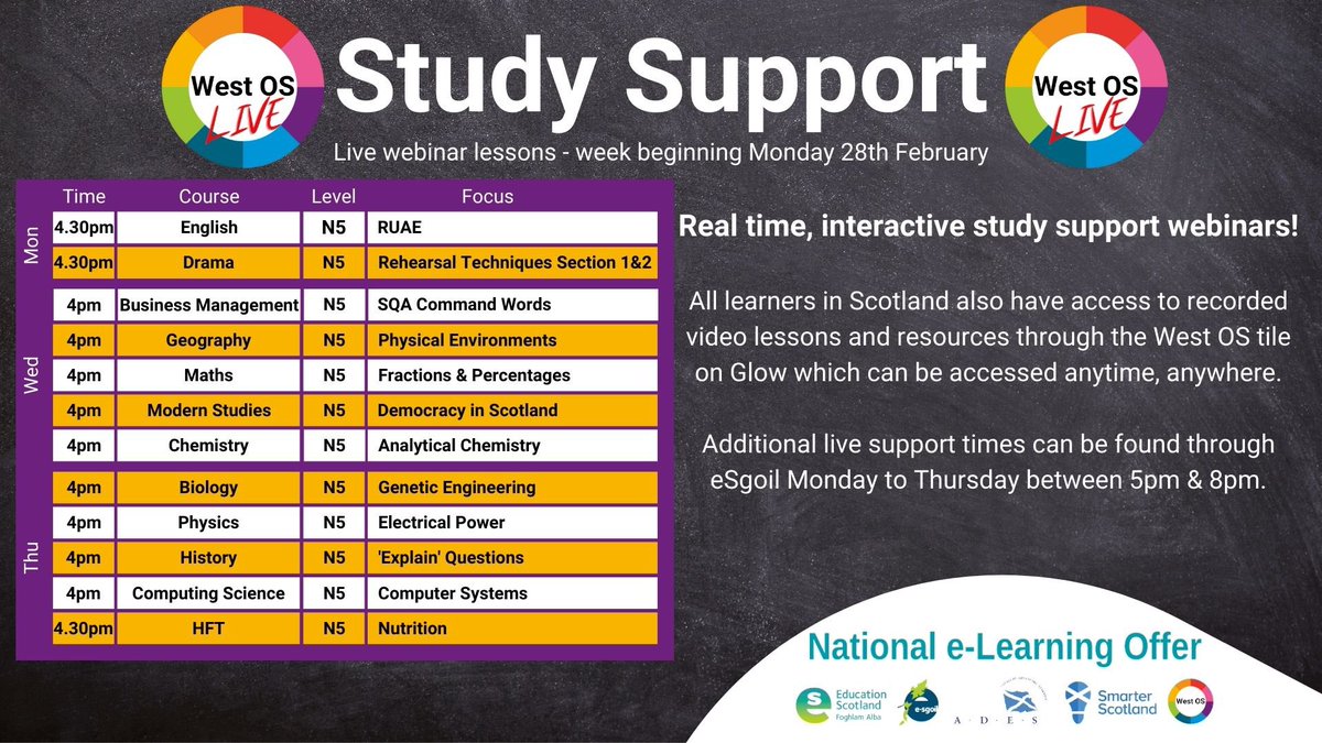 🚨National 5 Study Support 🚨

National 5 kicks off tomorrow, with a range of subjects throughout the week!

There is still time to view the full programme and register using the following link:

westpartnership.co.uk/west-os/live/