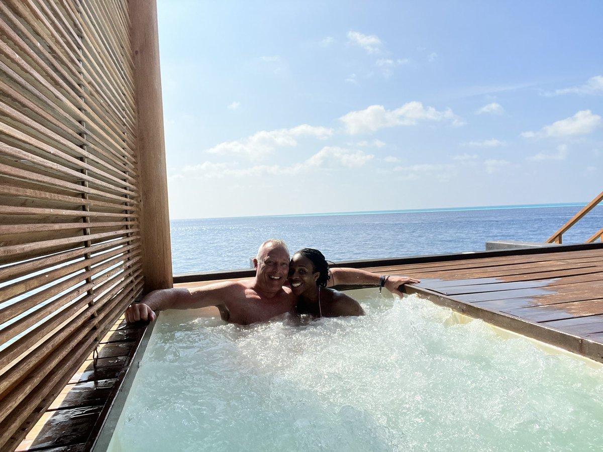 PamelaCookey's tweet photo. Oh hello #Maldives!! 🏝3 days so far in this land of #paradise. Our home for the rest of our #Honeymoon is just perfect! 🥰. #Oasis #ourbubble #mrandmrs #swimmingwiththefishes #crystalwaters #whitesands #BalineseMassage #seafood #Sunsetbungalow 🙌🏾❤️. See you on the other side! https://t.co/6H3tBKDXDf