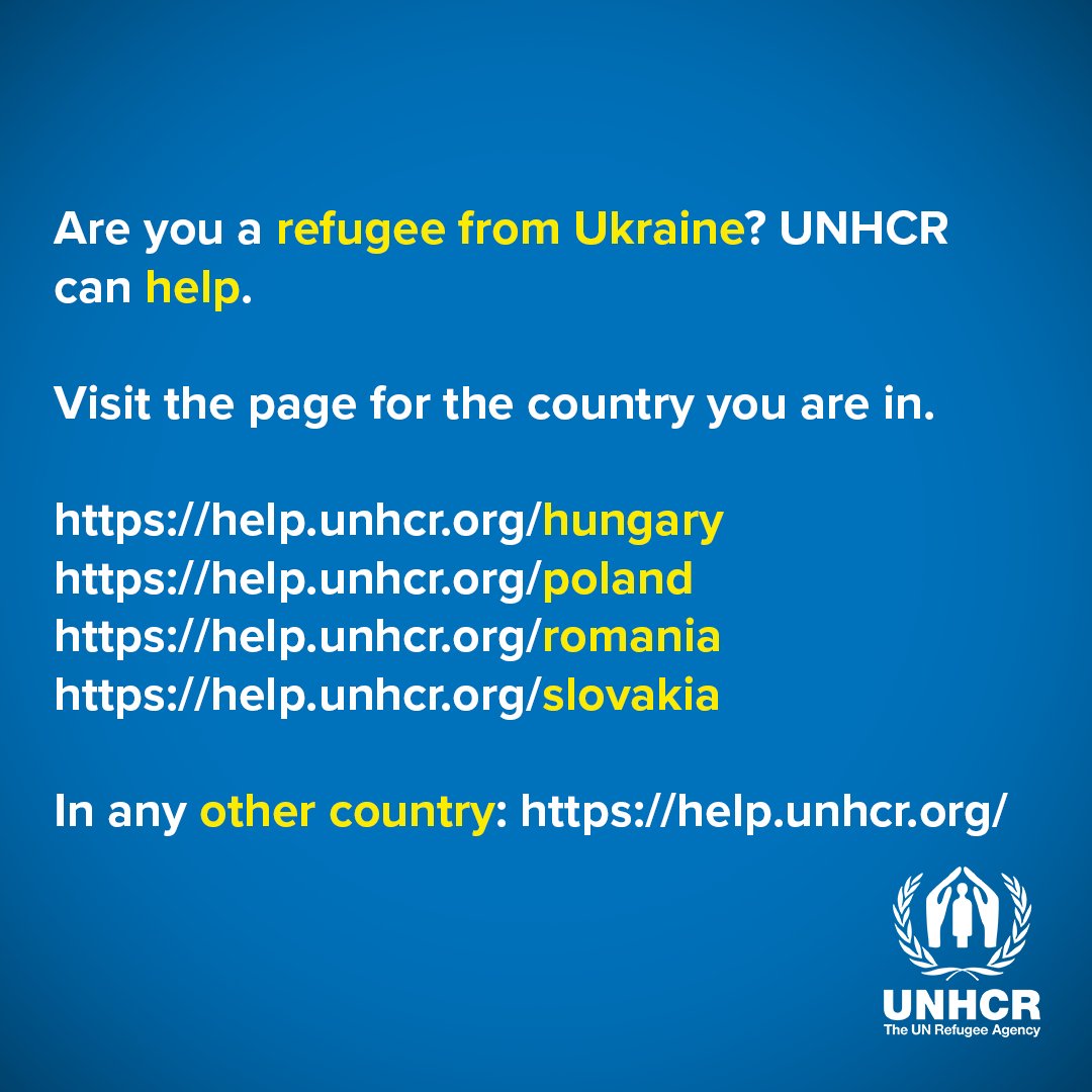 Refugees's tweet photo. Are you a refugee from Ukraine? UNHCR can help.

Visit the page for the country you are in.

Hungary: https://t.co/7NMjNE3GSq
Poland: https://t.co/GUmjejYscz
Romania: https://t.co/LLja57oJXV 
Slovakia: https://t.co/x65efutnMo 
 
In any other country: https://t.co/sy7cEfJ1ma https://t.co/EAAIa8lbXk