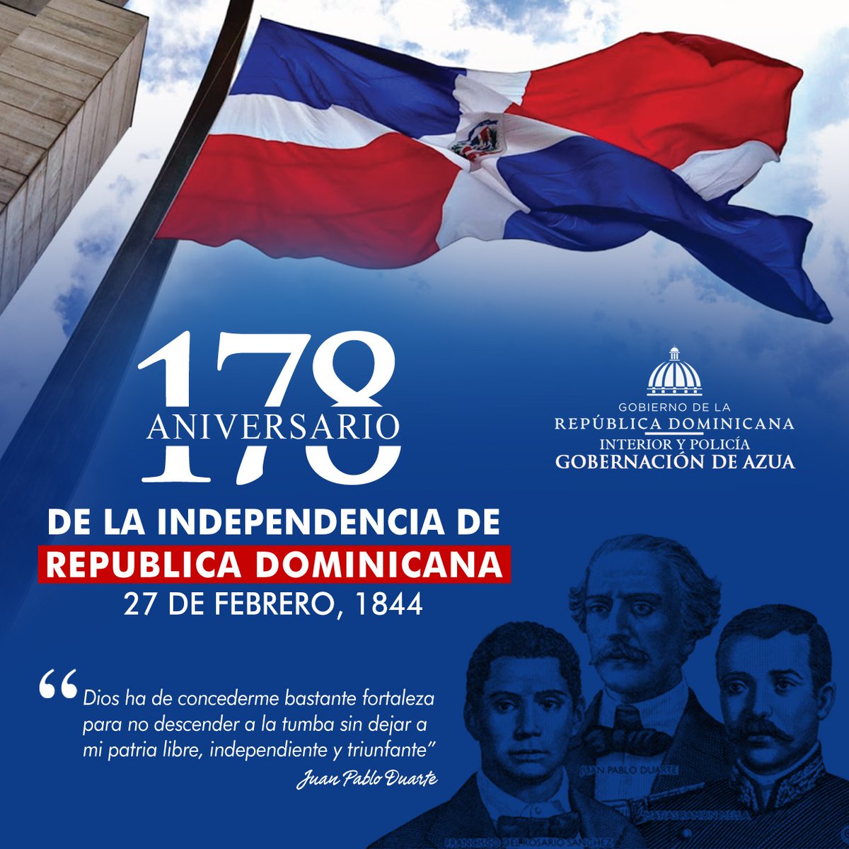 AzuaProvincial's tweet photo. Conmemoramos hoy #178Aniversario de la #IndependenciaNacional https://t.co/xngp0ZbCh6