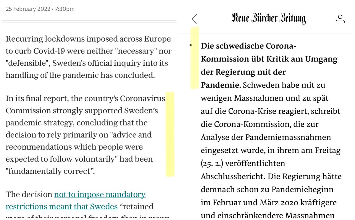 Die Schwedische Corona-Kommission hat ihren Bericht zur nationalen Corona-Politik veröffentlicht. Links der Beitrag in <a href="/Telegraph/">The Telegraph</a>, rechts in <a href="/NZZ/">NZZ</a>. Der gleiche Bericht führt zu zwei ganz gegensätzlichen Beiträgen