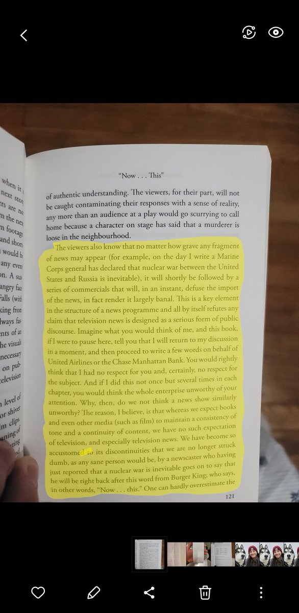 bryanp789's tweet photo. From Neil Postman's "Amusing Ourselves to Death" published in 1986. This exact fucking scenario.
#timeisacircle #absurd #readabook #prophecy @youseguyspod https://t.co/F97EjazSMJ