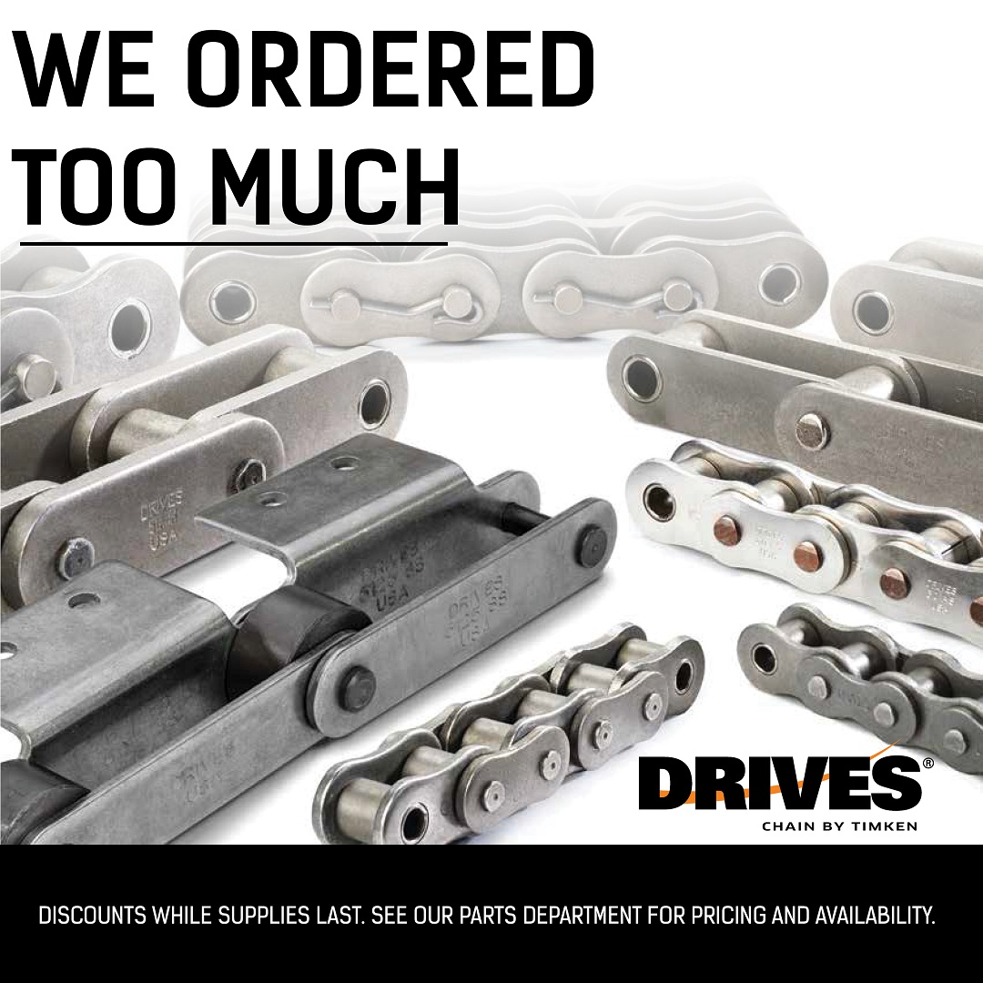 Surplus Sunday! 

We currently have a surplus of Timken Roller Chain. Discounts available while supplies last.

Make sure to stop by our parts department this week before it's gone.