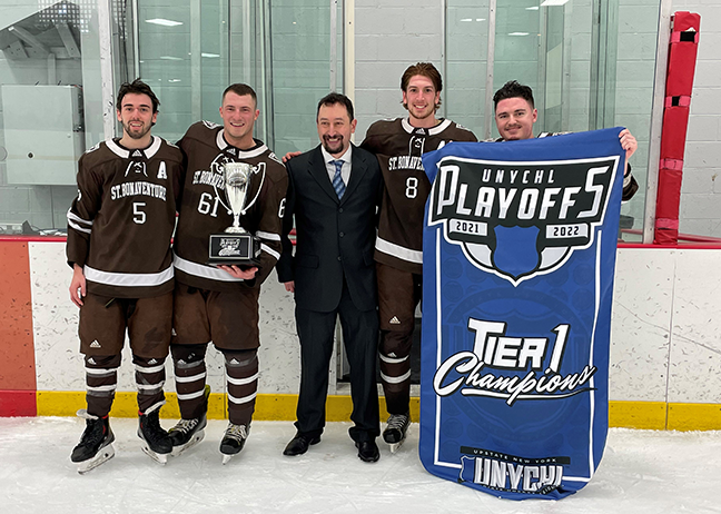 StBonaventure's tweet photo. Bonnies hockey took home the hardware today🏆! Avenging its only two losses of the season, Bona's throttled Buffalo State, 6-2, to win the Upstate New York Collegiate Hockey League championship.

Read more >> https://t.co/cEHxAS0qkN https://t.co/PmEP7xexWP
