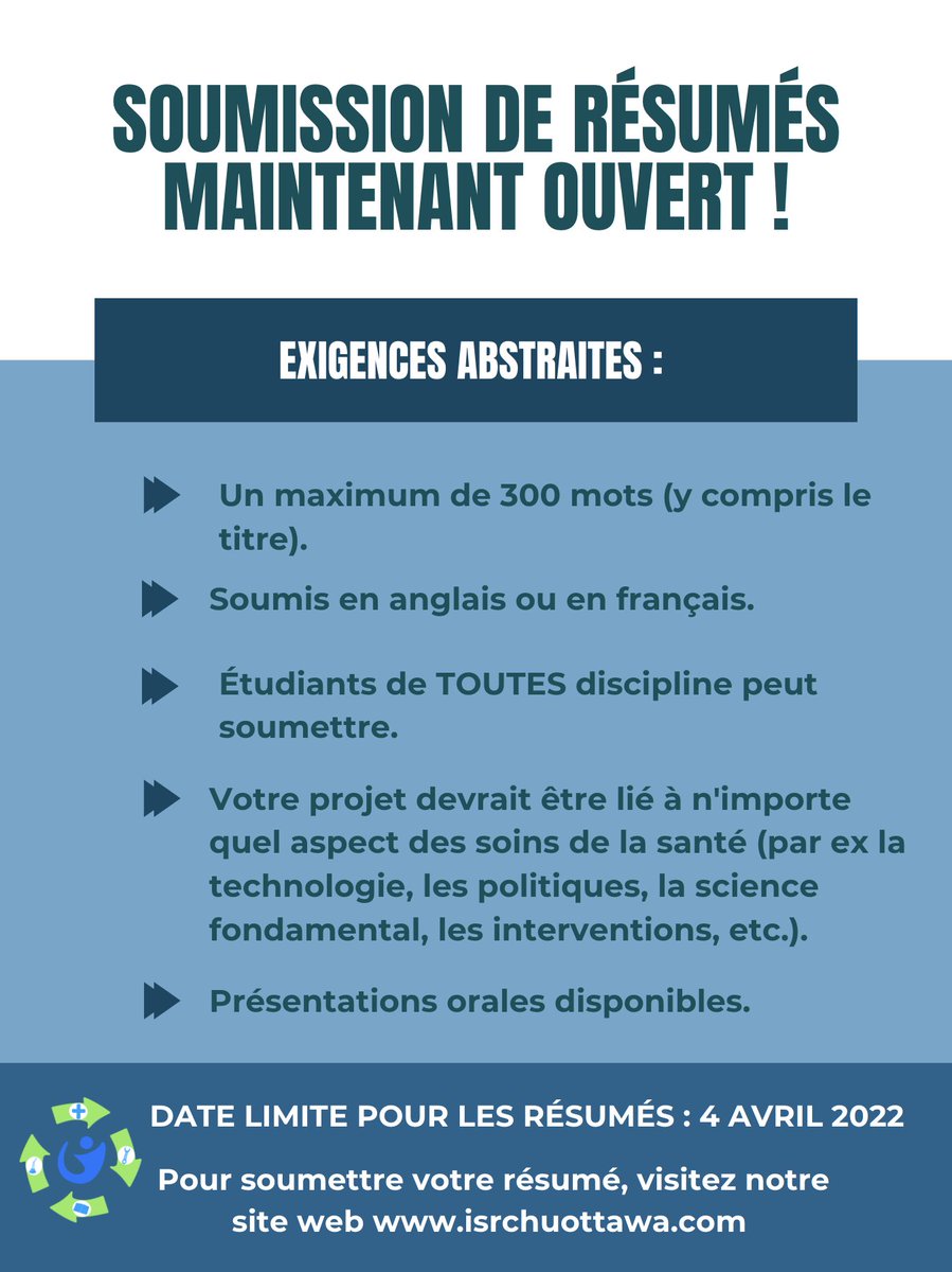 ISRCH_CREIS's tweet photo. Abstract submission is now open!
Abstracts are due on April 4th, 2022 at 11:59PM. visit our website to complete the submission form!  / 
Les résumés doivent être remis le 4 avril 2022 à 23h59. visitez notre site web pour remplir le formulaire de soumission ! https://t.co/KFg6P5Tsdf