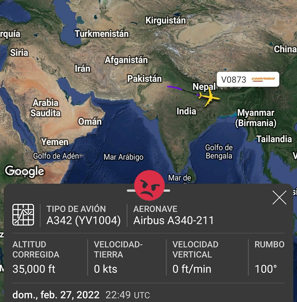 Arr3ch0's tweet photo. Conviasa #YV1004 sobrevolando el Noreste de India en dirección Sureste. https://t.co/rDg0DMleNB