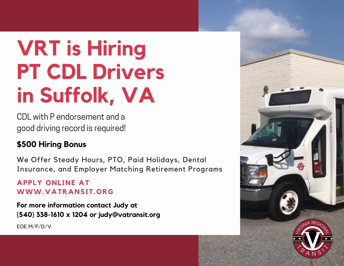 VRT4VA's tweet photo. VRT is hiring part-time CDL drivers in #suffolkva! Enjoy benefits, flexible hours, and a $1000 signing bonus for qualified applicants. Join our mission to bring affordable, quality public transportation to your community. Apply today at https://t.co/mqbp2CFk3E! https://t.co/6qEg7mMzZt