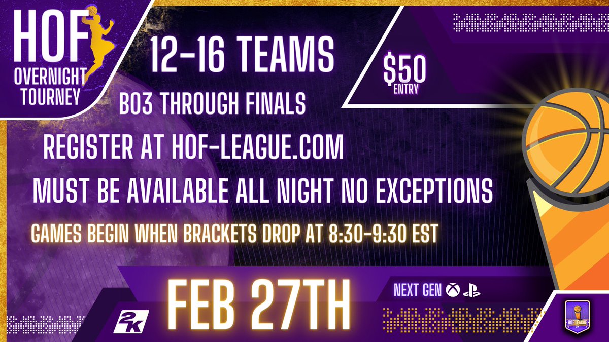HOFLeague2K's tweet photo. 🏆 Over-Night Tournament registration is live! 

🔘 Need 16 teams per console to launch 

🔘Will start at 9:00 PM EST 

🔘Must be able to play until the tourney is concluded 

▶️ Registration: https://t.co/6RHdHYr0US

@Big_Brudda_PURP @DangerrFT @youFamousEnough https://t.co/ed5EVQKzsj