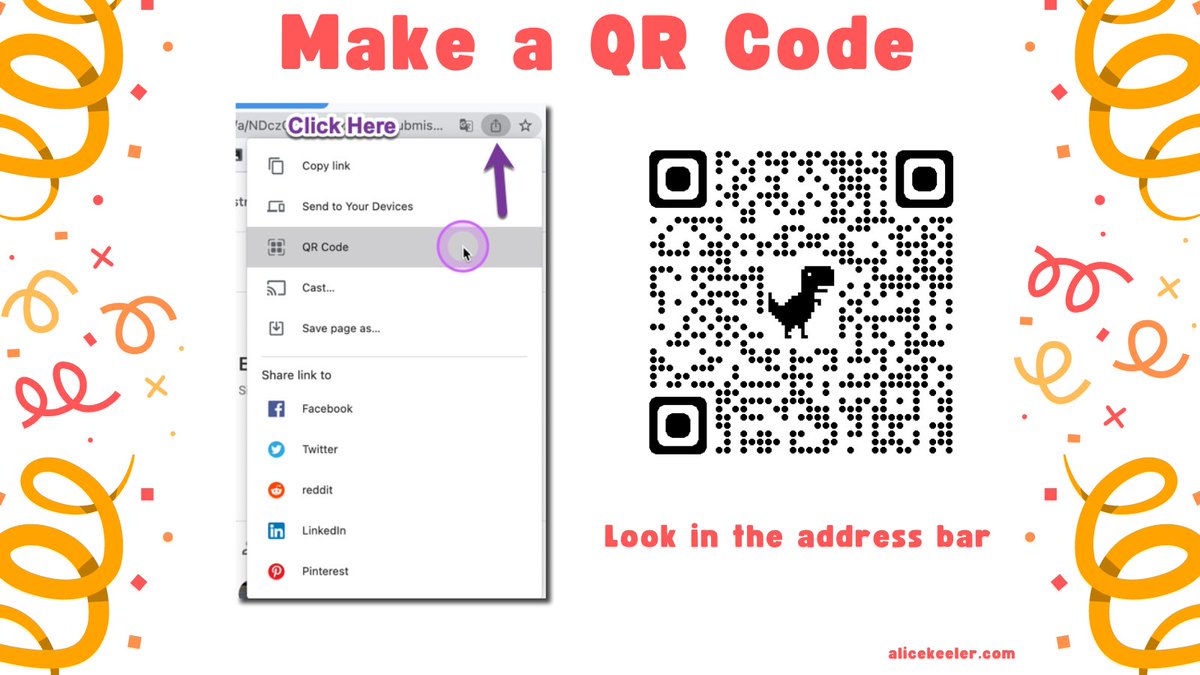 alicekeeler's tweet image. You can find the QR code maker in Google Chrome by clicking on the address bar and using the icon with an arrow. This gives you a drop down list. 
#googleEDU
