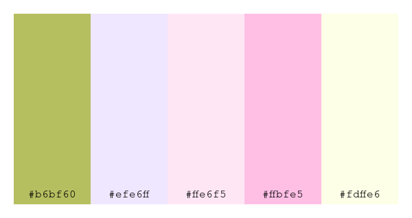 ColPaletteBot's tweet photo. Beep beep, here's a pretty color palette for you!
color-scheme.js parameters used:
- hue: 127
- variation: light
- colors: #b6bf60, #efe6ff, #ffe6f5, #ffbfe5, #fdffe6
Have a lovely evening!
#twitterbot #colorpalette #colors #palette #prettycolors https://t.co/8FVSEk8Yi7