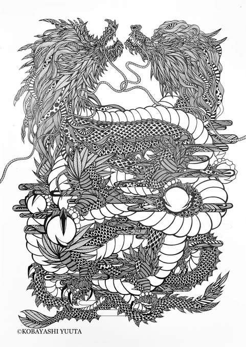細かい部分まだ加筆するけど、ほぼ線画はおしまい。

#龍 #絵
#illustrator #artwork #dragon 
#進捗 