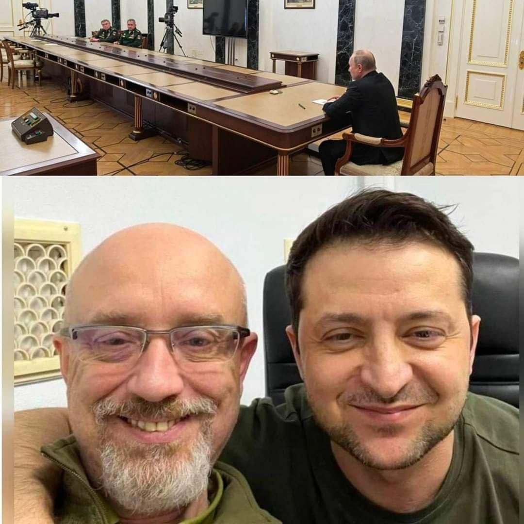 Popular comparison between two pictures. President <a href="/ZelenskyyUa/">Volodymyr Zelenskyy / Володимир Зеленський</a> with MoD <a href="/oleksiireznikov/">Oleksii Reznikov</a> and Putin with his puppet generals amid war inflicted by Russia. This is civilizational clash #UkraineWillResist