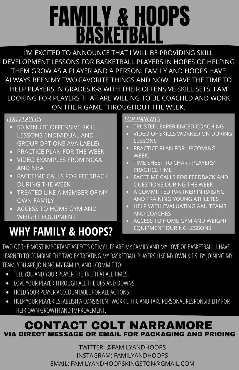 Family and Hoops Basketball Skill Development for K-8 student athletes. Below are details, please contact me with any questions and/ or pricing &amp; package options. Please RT. Thank you all for all your support.