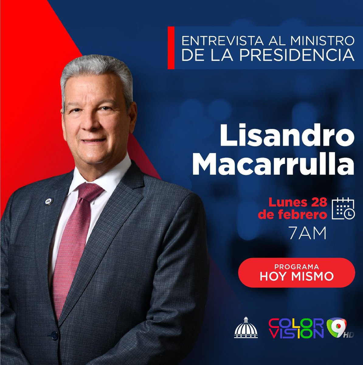 Acompáñame mañana lunes 28 de febrero, a las 7:00 de la mañana, en la entrevista del programa Hoy Mismo, por Color Visión, Canal 9, en la que conversaremos asuntos fundamentales de interés nacional.