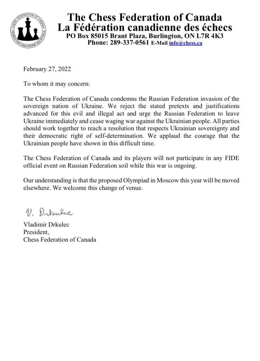 PGamliel's tweet image. The Chess Federation of Canada issued its own statement today, published on chess forums: