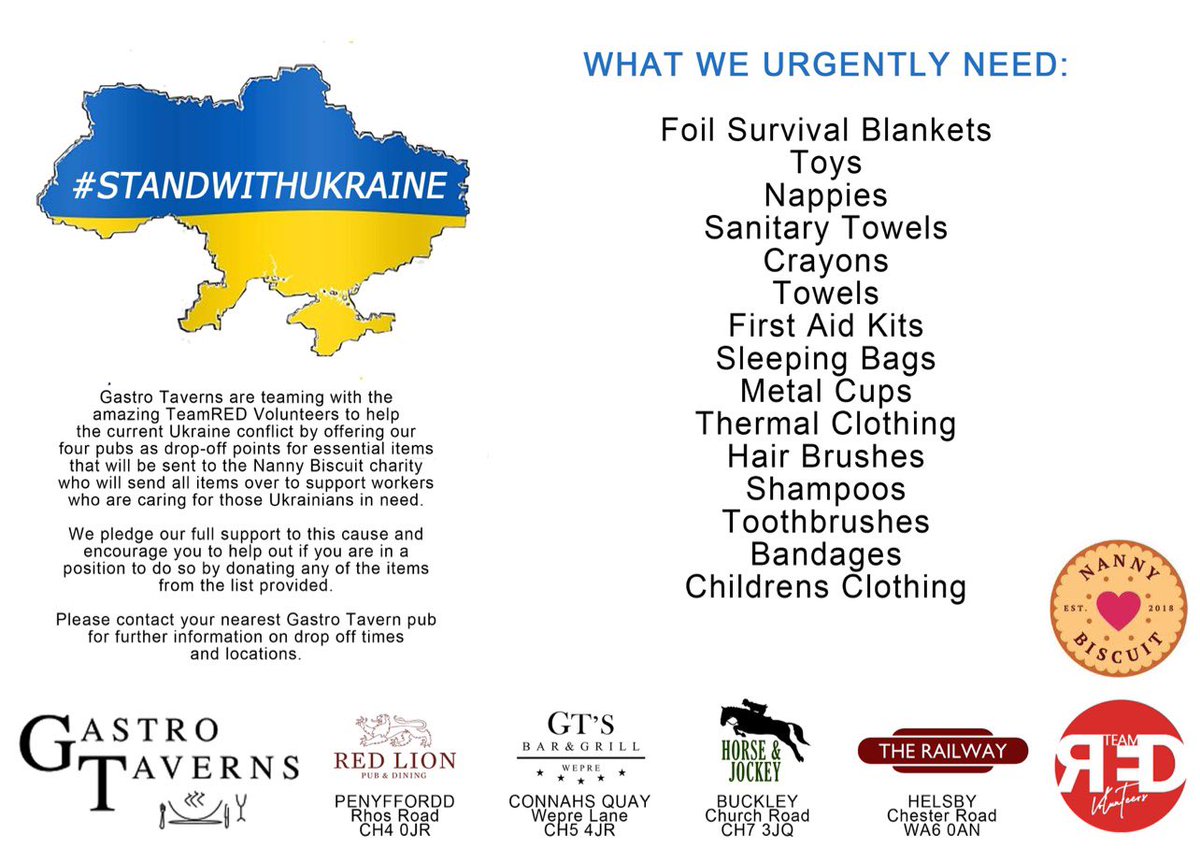 GastroTaverns's tweet photo. Gastro Taverns alongside #TeamRED stand together to support 
@_NannyBiscuit  in their campaign to support #Ukraine - our #GastroPubs will act as drop off points for essentials 

Check out this link for details https://t.co/C2fymS68W6 https://t.co/LtnlLrBtfY