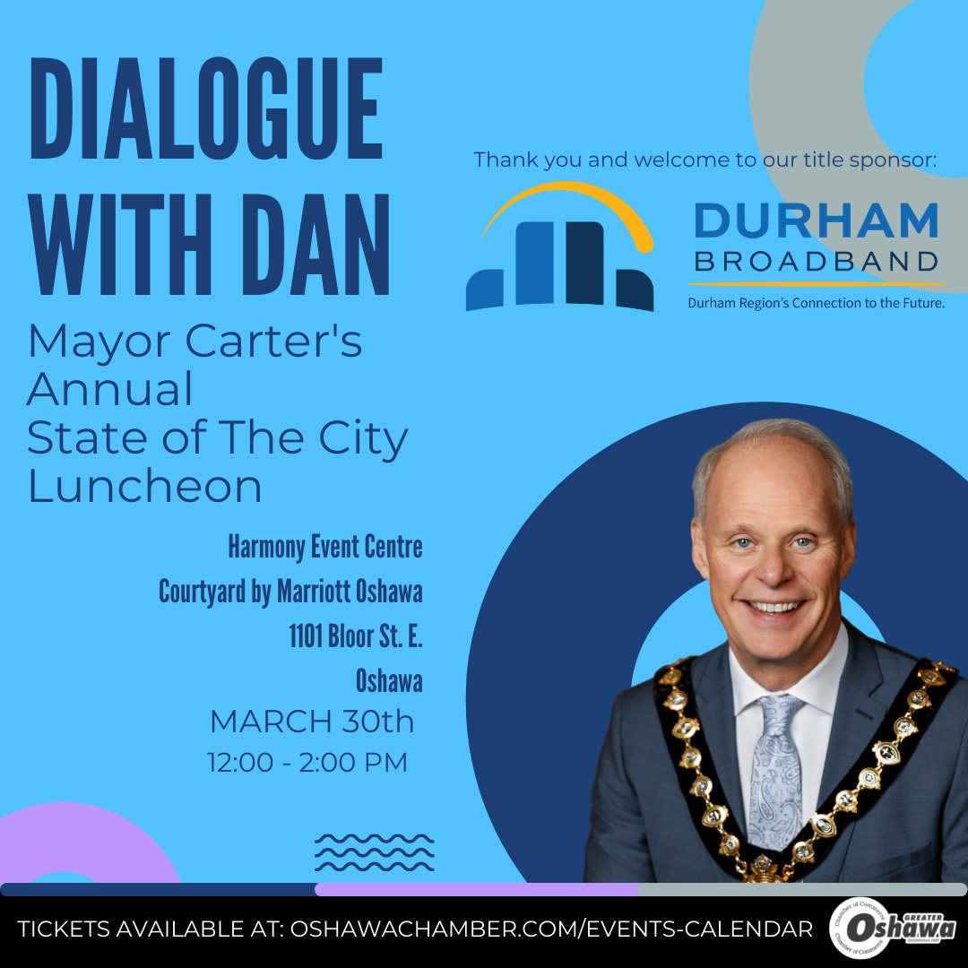 This annual luncheon is coming up fast. If you operate a business in #Oshawa, you should be there!

Thanks to our sponsor <a href="/DBBInternet/">Durham Broadband</a> for stepping in to help us all get connected to the mayor's vision for the future of our community.
Tickets: bit.ly/Mayor_Lunch_22