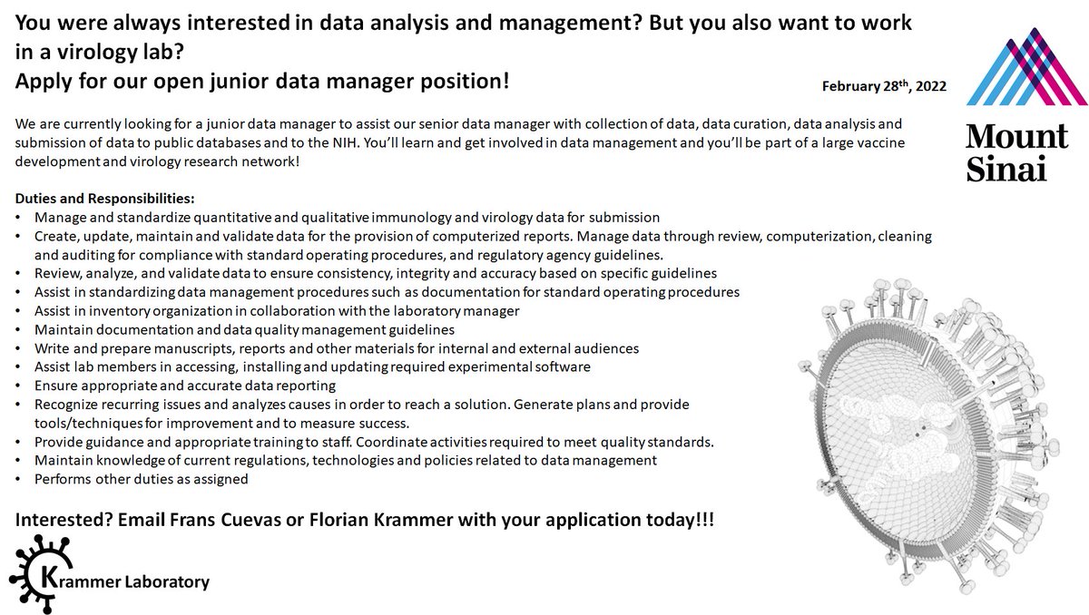 florian_krammer's tweet photo. We are still looking for a data manager! If you like virology, immunology and data, then you are the right person. We are looking for a junior person who can work with a senior data manager (and get trained in the process). https://t.co/IrBwNdRp5U
