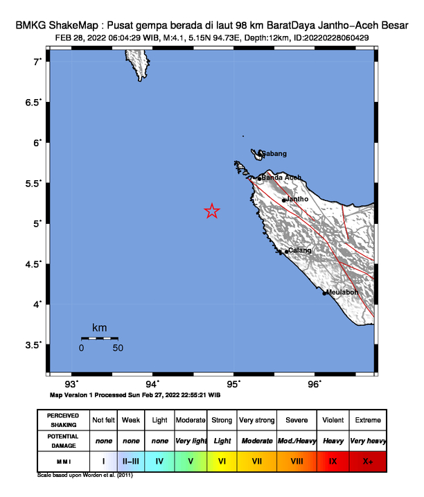 #Gempa Mag:4.1, 28-Feb-22 06:04:29 WIB, Lok:5.15 LU, 94.73 BT (Pusat gempa berada di laut 98 km BaratDaya Jantho-Aceh Besar), Kedlmn:12 Km Dirasakan (MMI) II Banda Aceh #BMKG