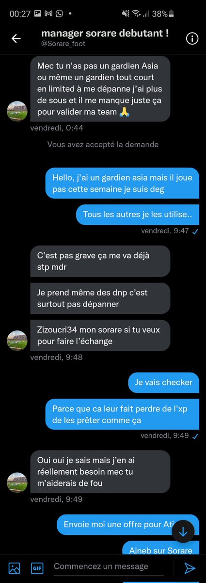 Hey_Ajneb's tweet photo. Hello la team @sorare, on vous dit de faire attention aux prêts de joueurs, a ne faire qu'avec des gens de confiance.
Je viens de me faire avoir en voulant être sympa.

Si vous êtes contactés par @Sorare_foot / Zizoucri34 sur Sorare, soyez plus méfiant que moi ! https://t.co/oqx9a1xKm4