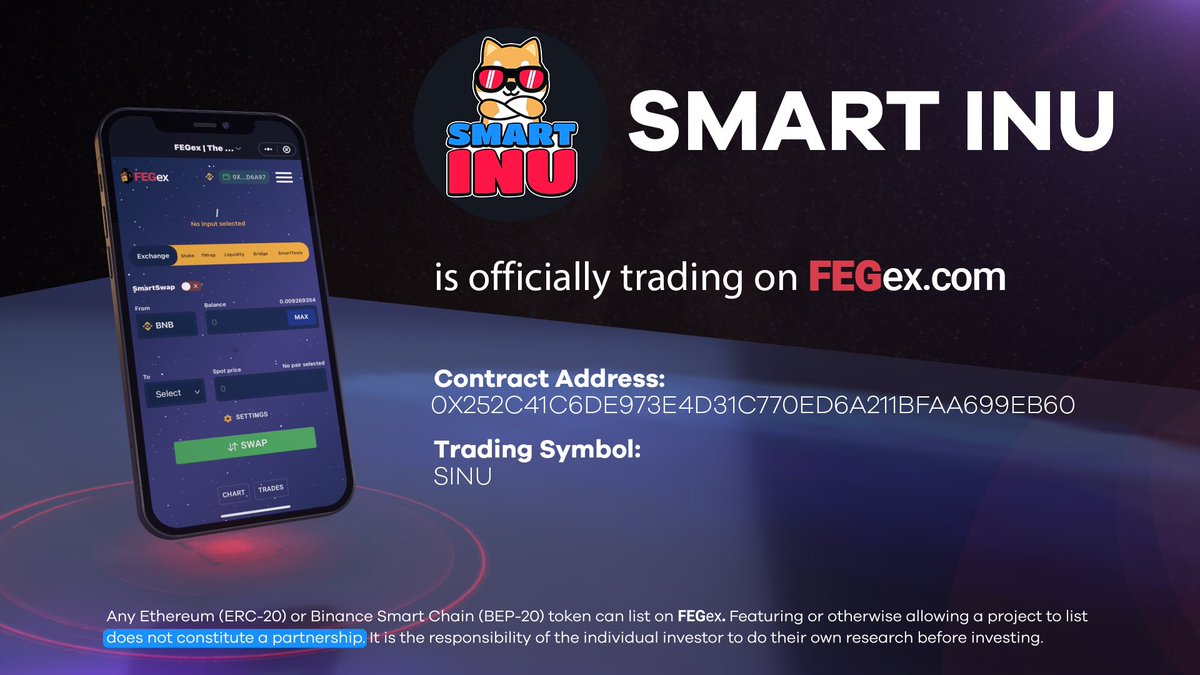 FEGtoken's tweet photo. 🎉 NEW #FEGex listing! FEG would like to extend a warm welcome to

@smart_inu | #SINU 
🚨NOW ON https://t.co/S1dd7dn486!

Thanks for accepting our invite to #ListOnFEGex! 😊

#SmartDeFi #BringingDeFiTogether #DeFi #crypto #BTC #ETH #ADA #BNB  #BSC  #Solana $FEG https://t.co/FqiZZe2Wpv