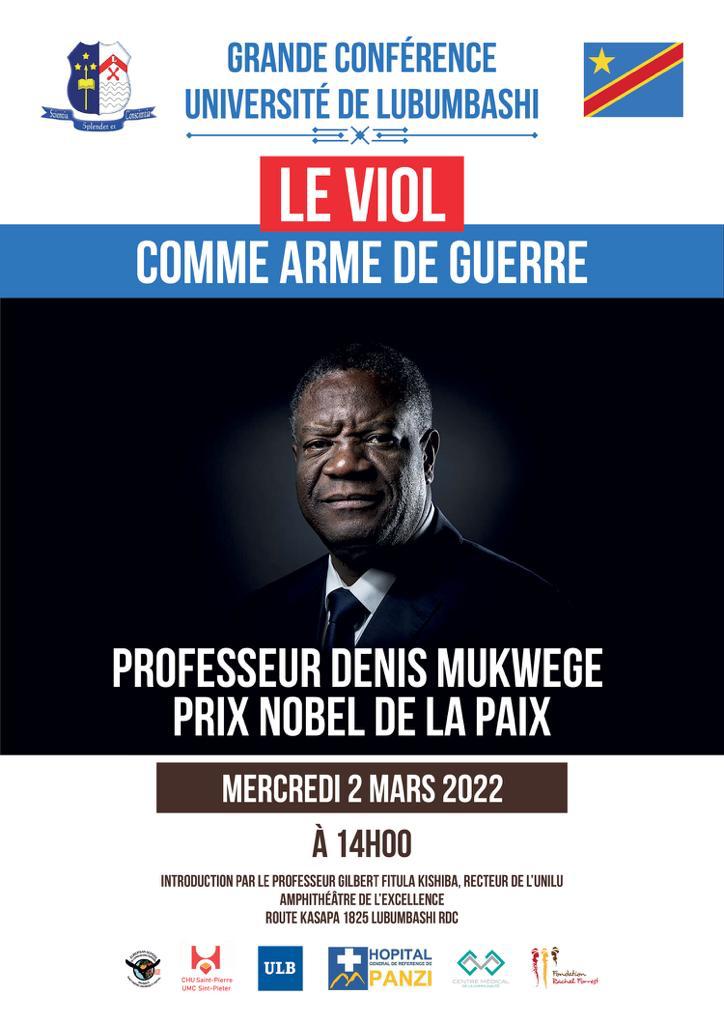 DenisMukwege's tweet photo. I will be attending a conference open to the public at the University of Lubumbashi this Wednesday, March 2. https://t.co/C64CyEVBDH