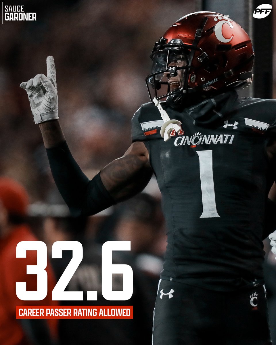 PFF's tweet photo. Passer rating if you threw the ball in the dirt every play: 39.6 

Sauce Gardner is NFL ready https://t.co/oZ66aVs1iv