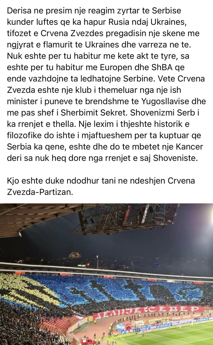Derisa ne presim nje reagim zyrtar te Serbise kunder luftes qe ka hapur Rusia ndaj Ukraines, tifozet e Crvena Zvezdes pregadisin nje skene me ngjyrat e flamurit te Ukraines dhe varreza ne te.