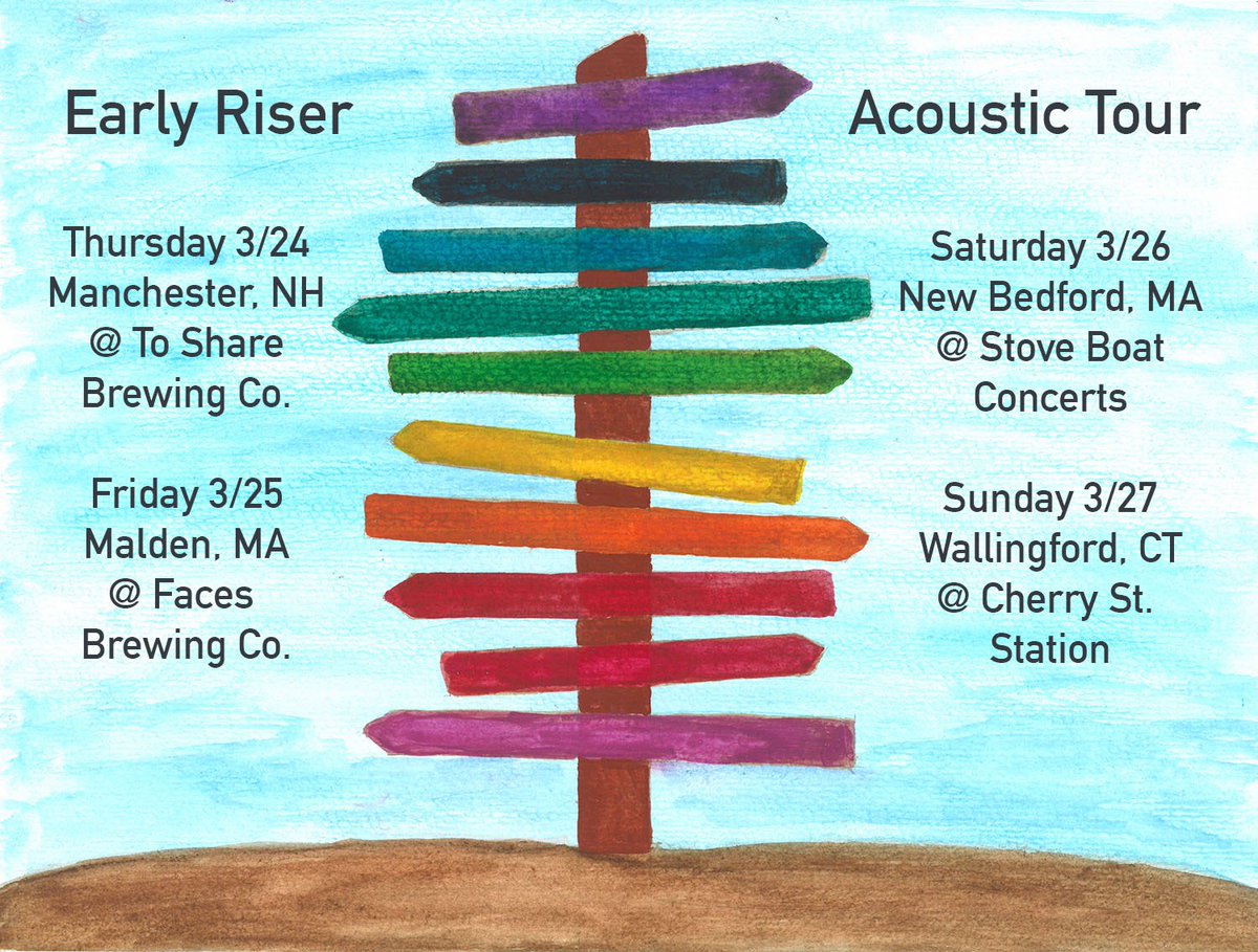 earlyriserband's tweet photo. Here’s the info for our New England acoustic tour in late March - we can’t wait! 😸 @kirioliver @heidivanderlee 

3/24 Manchester, NH @ToShareBrewing

3/25 Malden, MA @FacesBrewing 

3/26 New Bedford, MA @ Stove Boat Concert (house show)

3/27 Wallingford, CT @ Cherry St. Station https://t.co/YKaehJXIB1
