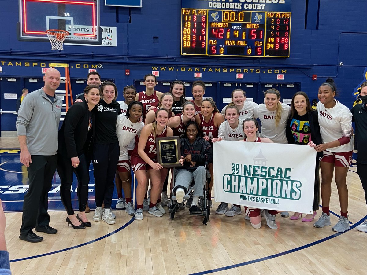 NESCAC's tweet photo. WBB 🏆 

@BatesSports is the NESCAC Women's Basketball Champion!

No. 5 Bates def. No. 3 Amherst, 51-42 to win the first NESCAC title in program history.

Bobcats earn an automatic bid to the NCAA Tournament. NCAA selection show (Mon., 2:30pm) on https://t.co/iNwIAKv9JF https://t.co/tFR3Zry1qk