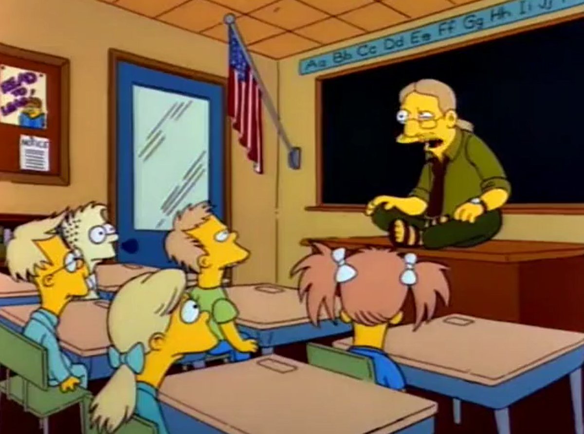 nakessler's tweet photo. On The #Simpsons 30 years ago today, February 27, 1992, a teacher who was unprepared for class stalled by asking, "Have I ever told you kids about the 60s?" Imagine a comparable episode now with the teacher telling kids stories about the 90s--the joke just wouldn't work. https://t.co/3hcndxx1Py