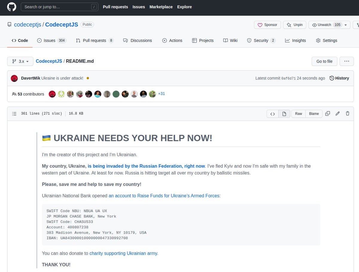 Finally, I did it 🇺🇦

I really oppose to say "I" when referring to open-source because it is a collborative work of many people. But I think today I need to show that there is a person behind each open-source project.

github.com/codeceptjs/Cod…