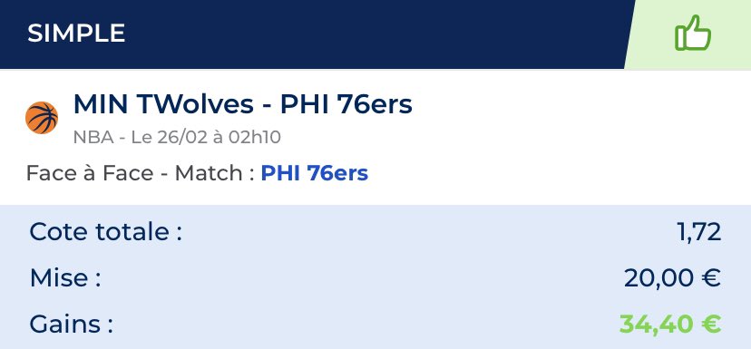 SknurtBetting's tweet photo. 🎰 MONTANTE VALIDÉE | #NBA75

Comment transformer 20 en 100€ ↓

#TeamParieur #NBA #NBATwitter
1️⃣ Philadelphie OT @ 1,72 | 34€ ✅
2️⃣ DDR 30 points @ 1,82 | 62€ ✅
3️⃣ Harden +9,5 P @ 1,66 | 103€ ✅

#Concours 2x10€ à gagner :

- RT &amp; FAV + Follow @SknurtBetting 🤝 https://t.co/hEemNHEITD