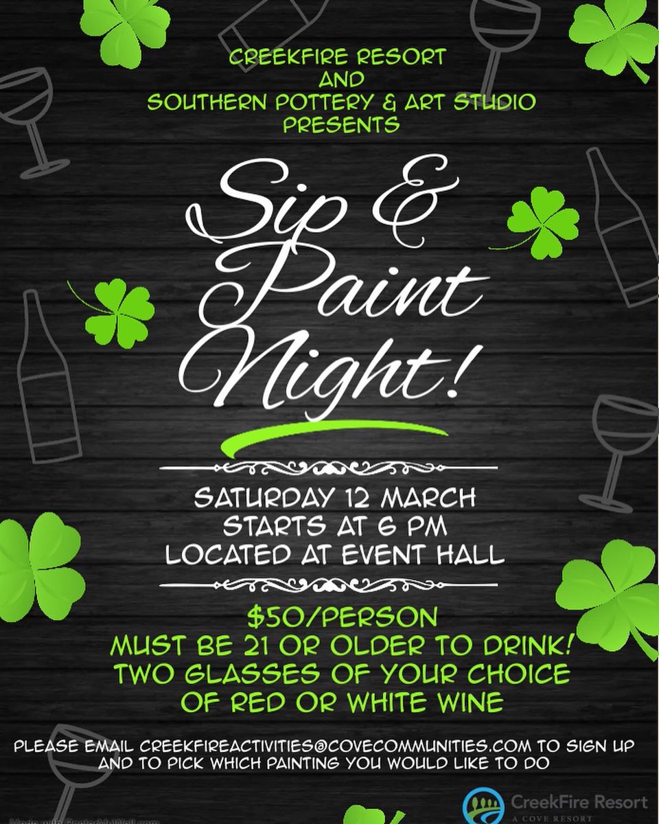 🎊 It’s back!!!! 🎊
We’re bringing back our Sip and Paint, but this time it’s St. Patrick’s Day themed! ☘️
Act fast! The first 10 people to sign up will get $10 off 💰
Please email CreekFireActivities@CoveCommunities.com to sign up 📝
You must be an in house guest to participate