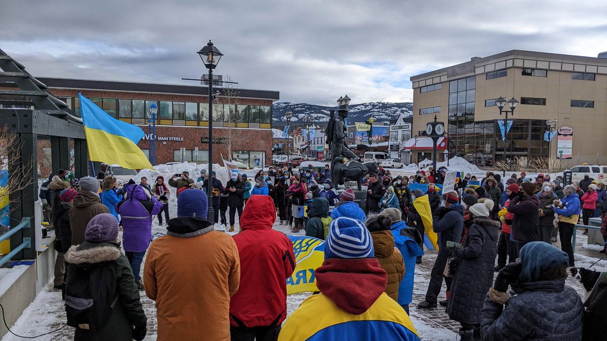 Roughly 150 people out in Whitehorse to protest the war in Ukraine.